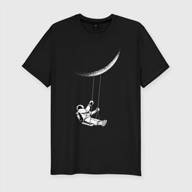 Мужская футболка хлопок Slim с принтом Космонавт на луне в Кировске, 92% хлопок, 8% лайкра | приталенный силуэт, круглый вырез ворота, длина до линии бедра, короткий рукав | galaxy | nasa | астронавт | в космосе | галактика | космонавт | космос | луна | на луне | наса