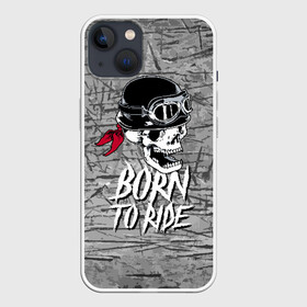 Чехол для iPhone 13 с принтом Born to ride в Кировске,  |  | bandana | grin | helmet | jaw | metal | skull | teeth | бандана | зубы | каска | металл | оскал | очки | череп