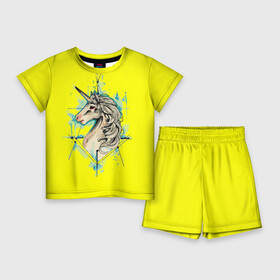 Детский костюм с шортами 3D с принтом Единорог Yellow Unicorn в Кировске,  |  | Тематика изображения на принте: unicorn | yellow unicorn | единорог | единорожки | животные | лошади