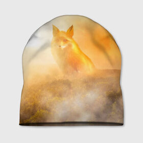 Шапка 3D с принтом Лисичка в тумане в Кировске, 100% полиэстер | универсальный размер, печать по всей поверхности изделия | animals | forest | fox | арт | животное | лес | лиса | лисичка | облака | рисунок | рыжая лиса | туман