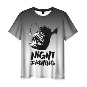 Мужская футболка 3D с принтом Рыба удильщик в Кировске, 100% полиэфир | прямой крой, круглый вырез горловины, длина до линии бедер | angler | fin | fishing | jaw | lantern | night | rod | tail | teeth | глубина | зубы | ночь | плавник | рыбалка | удильщик | удочка | фонарик | хвост