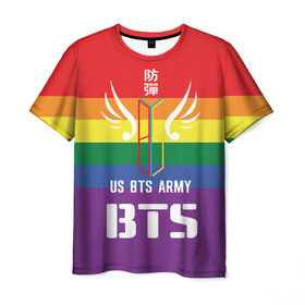Мужская футболка 3D с принтом BTS Army в Кировске, 100% полиэфир | прямой крой, круглый вырез горловины, длина до линии бедер | army | bangtan boys | beyond the scene | boys | bts | chin | edm | emblem | fans | hieroglyphs | hip hop | jimin | k pop | logo | rainbow | rb | rm | south korean | армия | бойбенд | ви | джей хоуп | иероглифы | логотип | мальчики | радуга | сюга | 