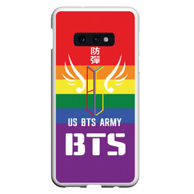 Чехол для Samsung S10E с принтом BTS Army в Кировске, Силикон | Область печати: задняя сторона чехла, без боковых панелей | Тематика изображения на принте: army | bangtan boys | beyond the scene | boys | bts | chin | edm | emblem | fans | hieroglyphs | hip hop | jimin | k pop | logo | rainbow | rb | rm | south korean | армия | бойбенд | ви | джей хоуп | иероглифы | логотип | мальчики | радуга | сюга | 