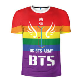 Мужская футболка 3D спортивная с принтом BTS Army в Кировске, 100% полиэстер с улучшенными характеристиками | приталенный силуэт, круглая горловина, широкие плечи, сужается к линии бедра | army | bangtan boys | beyond the scene | boys | bts | chin | edm | emblem | fans | hieroglyphs | hip hop | jimin | k pop | logo | rainbow | rb | rm | south korean | армия | бойбенд | ви | джей хоуп | иероглифы | логотип | мальчики | радуга | сюга | 