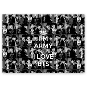 Поздравительная открытка с принтом I am army and I lover BTS в Кировске, 100% бумага | плотность бумаги 280 г/м2, матовая, на обратной стороне линовка и место для марки
 | bangtan boys | beyond the scene | boyband | boys | bts | chin | chonguk | collage | crown | edm | flowers | hip hop | jimin | jj hope | k pop | photo | r  b | rm | south korean | suga | wee | бойбенд | ви | джей хоуп | коллаж | корона | мальчики | с