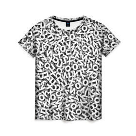 Женская футболка 3D с принтом буквы ЙУХОП в Кировске, 100% полиэфир ( синтетическое хлопкоподобное полотно) | прямой крой, круглый вырез горловины, длина до линии бедер | алфавит | белый | буквы | паттрен | слово | узор