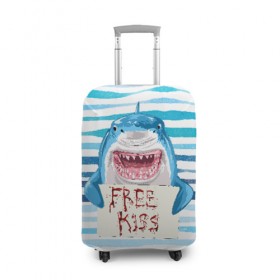 Чехол для чемодана 3D с принтом Free Kiss в Кировске, 86% полиэфир, 14% спандекс | двустороннее нанесение принта, прорези для ручек и колес | free kiss | акула | бесплатные поцелуи | вода | кровь | море | объявление | острые зубы | поцелуй | рыба | табличка | хищник