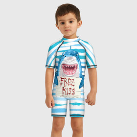 Детский купальный костюм 3D с принтом Free Kiss в Кировске, Полиэстер 85%, Спандекс 15% | застежка на молнии на спине | free kiss | акула | бесплатные поцелуи | вода | кровь | море | объявление | острые зубы | поцелуй | рыба | табличка | хищник