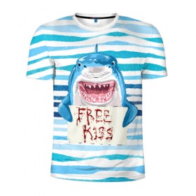 Мужская футболка 3D спортивная с принтом Free Kiss в Кировске, 100% полиэстер с улучшенными характеристиками | приталенный силуэт, круглая горловина, широкие плечи, сужается к линии бедра | free kiss | акула | бесплатные поцелуи | вода | кровь | море | объявление | острые зубы | поцелуй | рыба | табличка | хищник