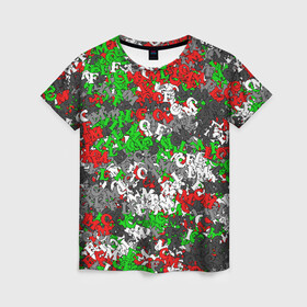 Женская футболка 3D с принтом Камуфляж с буквами FCLM в Кировске, 100% полиэфир ( синтетическое хлопкоподобное полотно) | прямой крой, круглый вырез горловины, длина до линии бедер | зеленый | клуб | красно зеленый | красный | локо | локомотив | москва | паттерн