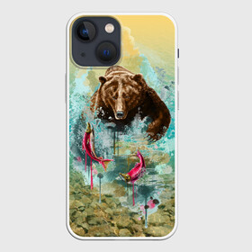 Чехол для iPhone 13 mini с принтом Рыбалка в Кировске,  |  | Тематика изображения на принте: берег | брызги | водка | животное | зверь | зубы | лес | медведь | мишка | оскал | охота | патриотизм | река | россия | русский | русь | рыба | символ | ссср | триколор | флаг | хищник