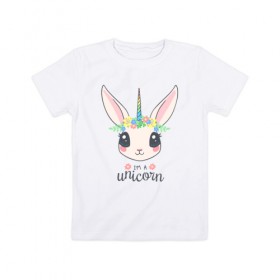 Детская футболка хлопок с принтом I`m a Unicorn в Кировске, 100% хлопок | круглый вырез горловины, полуприлегающий силуэт, длина до линии бедер | unicorn | единорог | зайчик | зая | красиво | кролик | кроля | милашество | мило | на день рождения | подарок | радуга