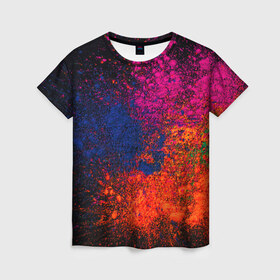 Женская футболка 3D с принтом Брызги краски в Кировске, 100% полиэфир ( синтетическое хлопкоподобное полотно) | прямой крой, круглый вырез горловины, длина до линии бедер | брызги | брызги красок | краска | красочные | пятна | пятна краски | цветные | яркие