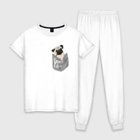 Женская пижама хлопок с принтом Мопс в кармане в Кировске, 100% хлопок | брюки и футболка прямого кроя, без карманов, на брюках мягкая резинка на поясе и по низу штанин | Тематика изображения на принте: pug | карман | карманный мопс | малыш | милый | мопс | пес | песик | собака | собачка