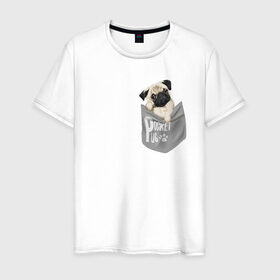 Мужская футболка хлопок с принтом Мопс в кармане в Кировске, 100% хлопок | прямой крой, круглый вырез горловины, длина до линии бедер, слегка спущенное плечо. | pug | карман | карманный мопс | малыш | милый | мопс | пес | песик | собака | собачка
