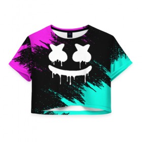 Женская футболка Cropp-top с принтом MARSHMELLO MELT в Кировске, 100% полиэстер | круглая горловина, длина футболки до линии талии, рукава с отворотами | Тематика изображения на принте: america | dj | marshmello | usa | америка | брызги | краски | маршмелло