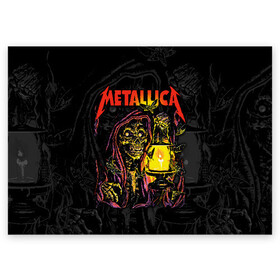 Поздравительная открытка с принтом Metallica  в Кировске, 100% бумага | плотность бумаги 280 г/м2, матовая, на обратной стороне линовка и место для марки
 | Тематика изображения на принте: american | death | fly | holds | james hetfield | kirk hammett | lantern | metal band | metallica | moths | music | mysticism | rock | skeleton | skull | американская | держит | джеймс хетфилд | ларс ульрих | летают | метал группа | металлика | мистика | 