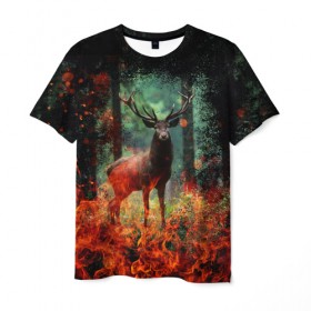 Мужская футболка 3D с принтом Олень в горящем лесу Сибири в Кировске, 100% полиэфир | прямой крой, круглый вырез горловины, длина до линии бедер | животные | лес | огонь | олень | пламы | пожар | сибирь