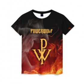 Женская футболка 3D с принтом POWERWOLF в Кировске, 100% полиэфир ( синтетическое хлопкоподобное полотно) | прямой крой, круглый вырез горловины, длина до линии бедер | powerwolf | wolf | метал | пауэр метал. | повервольф | поверфульф | рок | хэви металб