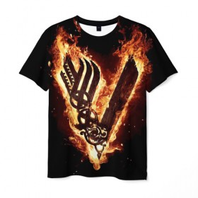 Мужская футболка 3D с принтом Vikings в Кировске, 100% полиэфир | прямой крой, круглый вырез горловины, длина до линии бедер | ragnar | viking | vikings | викинг | викинги | меч | огонь | рагнар | скандинавы