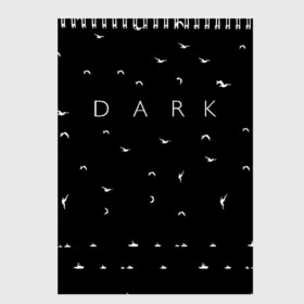 Скетчбук с принтом DARK - Birds (Тьма) в Кировске, 100% бумага
 | 48 листов, плотность листов — 100 г/м2, плотность картонной обложки — 250 г/м2. Листы скреплены сверху удобной пружинной спиралью | Тематика изображения на принте: 1921 | 1953 | 1986 | 2019 | 2052 | dark | future | jonas | logo | mikkel | mundus | no future | portal | sic | будущего | йонас | лого | логотип | миккель | надпись | нет | портал | сериал | сериалы | символ | тьма