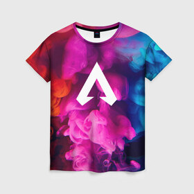 Женская футболка 3D с принтом Apex Legends в Кировске, 100% полиэфир ( синтетическое хлопкоподобное полотно) | прямой крой, круглый вырез горловины, длина до линии бедер | apex | apex legends | дым | игра | красочный дым | лого