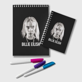 Блокнот с принтом BILLIE EILISH в Кировске, 100% бумага | 48 листов, плотность листов — 60 г/м2, плотность картонной обложки — 250 г/м2. Листы скреплены удобной пружинной спиралью. Цвет линий — светло-серый
 | Тематика изображения на принте: ayelish | bad guy | bellyache | bilie eilish | bilie elish | billie | billie eilish | eilish | electronic | elish | music | били айлиш | билли айлиш | эйлиш | элиш