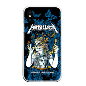 Чехол для iPhone XS Max матовый с принтом Metallica в Кировске, Силикон | Область печати: задняя сторона чехла, без боковых панелей | american | bone | butterflies | death | fly | girl | head | james hetfield | kirk hammett | metal band | metallica | music | plate | rock | skull | statue of liberty | американская | бабочки | голова | девушка | держит | кость | кушает | летают | металлик