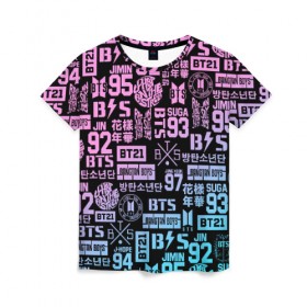 Женская футболка 3D с принтом BTS LOGOBOMBING в Кировске, 100% полиэфир ( синтетическое хлопкоподобное полотно) | прямой крой, круглый вырез горловины, длина до линии бедер | bangtan boys | bt21 | bts | бтс