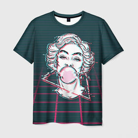 Мужская футболка 3D с принтом blowing bubble gum glitch в Кировске, 100% полиэфир | прямой крой, круглый вырез горловины, длина до линии бедер | blowing | bubble gum | абстракция | глитч | девушка | жвачка | линии | мода | психоделика | пузырь