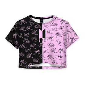 Женская футболка Cropp-top с принтом BTS АВТОГРАФЫ в Кировске, 100% полиэстер | круглая горловина, длина футболки до линии талии, рукава с отворотами | Тематика изображения на принте: bangtan boys | bt21 | bts | бтс