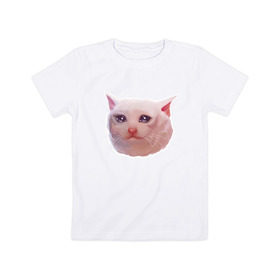 Детская футболка хлопок с принтом Плачущий кот в Кировске, 100% хлопок | круглый вырез горловины, полуприлегающий силуэт, длина до линии бедер | cat | crying | meme | кот | мем | плачущий