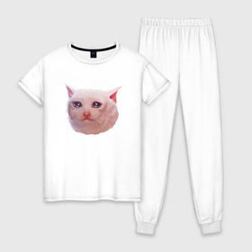 Женская пижама хлопок с принтом Плачущий кот в Кировске, 100% хлопок | брюки и футболка прямого кроя, без карманов, на брюках мягкая резинка на поясе и по низу штанин | cat | crying | meme | кот | мем | плачущий
