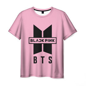Мужская футболка 3D с принтом BTS and BLACKPINK в Кировске, 100% полиэфир | прямой крой, круглый вырез горловины, длина до линии бедер | bangtan boys | black | blackpink | bt21 | bts | k pop | pink | rose | блек пинк | блекпинк | блэк пинк | блэкпинк | бтс