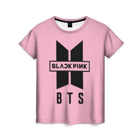 Женская футболка 3D с принтом BTS and BLACKPINK в Кировске, 100% полиэфир ( синтетическое хлопкоподобное полотно) | прямой крой, круглый вырез горловины, длина до линии бедер | bangtan boys | black | blackpink | bt21 | bts | k pop | pink | rose | блек пинк | блекпинк | блэк пинк | блэкпинк | бтс