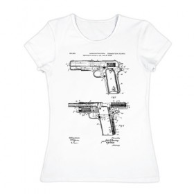 Женская футболка хлопок с принтом Пистолет в Кировске, 100% хлопок | прямой крой, круглый вырез горловины, длина до линии бедер, слегка спущенное плечо | patent | армия | идея | история | оружие | патент | пистолет | разработка | чертеж | чертежи