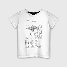 Детская футболка хлопок с принтом Musical instrument в Кировске, 100% хлопок | круглый вырез горловины, полуприлегающий силуэт, длина до линии бедер | patent | звук | идея | история | музыка | патент | разработка | труба | трубач | чертеж | чертежи