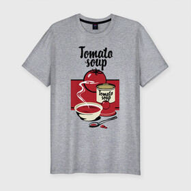 Мужская футболка хлопок Slim с принтом Томатный суп в Кировске, 92% хлопок, 8% лайкра | приталенный силуэт, круглый вырез ворота, длина до линии бедра, короткий рукав | flat | food | poster | retro | soup | spoon | steam | tomato | еда | ложка | пар | плакат | помидор | ретро | суп | тарелка