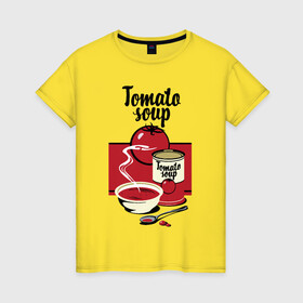 Женская футболка хлопок с принтом Томатный суп в Кировске, 100% хлопок | прямой крой, круглый вырез горловины, длина до линии бедер, слегка спущенное плечо | Тематика изображения на принте: flat | food | poster | retro | soup | spoon | steam | tomato | еда | ложка | пар | плакат | помидор | ретро | суп | тарелка
