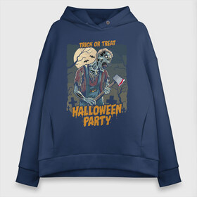 Женское худи Oversize хлопок с принтом Halloween party в Кировске, френч-терри — 70% хлопок, 30% полиэстер. Мягкий теплый начес внутри —100% хлопок | боковые карманы, эластичные манжеты и нижняя кромка, капюшон на магнитной кнопке | Тематика изображения на принте: axe | bat | blood | cross | halloween | horror | jaw | moon | night | party | skeleton | tomb | tree | view | zombie | вечеринка | гробница | дерево | крест | кровь | летучая мышь | луна | ночь | скелет | топор | хэллоуин