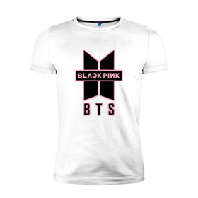 Мужская футболка премиум с принтом BTS and BLACKPINK в Кировске, 92% хлопок, 8% лайкра | приталенный силуэт, круглый вырез ворота, длина до линии бедра, короткий рукав | Тематика изображения на принте: bangtan boys | black | blackpink | bt21 | bts | k pop | pink | rose | блек пинк | блекпинк | блэк пинк | блэкпинк | бтс