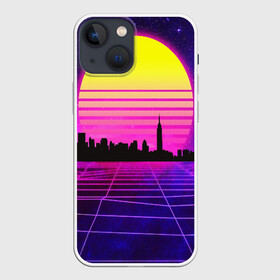 Чехол для iPhone 13 mini с принтом ГОРОД В НЕОНЕ в Кировске,  |  | bright | colorful | cool | disco | music | music lover | retro | speaker | tape recorder | technique | vintage | винтаж | динамик | диско | магнитофон | меломан | музыка | неон | разноцветный | ретро | техника