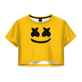Женская футболка Cropp-top с принтом MARSHMELLO HAPPIER в Кировске, 100% полиэстер | круглая горловина, длина футболки до линии талии, рукава с отворотами | america | dj | marshmello | usa | америка | маршмелло