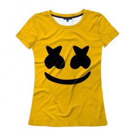 Женская футболка 3D с принтом MARSHMELLO HAPPIER в Кировске, 100% полиэфир ( синтетическое хлопкоподобное полотно) | прямой крой, круглый вырез горловины, длина до линии бедер | america | dj | marshmello | usa | америка | маршмелло