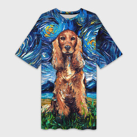 Платье-футболка 3D с принтом Кокер спаниель (Van Gogh style в Кировске,  |  | gogh | van | vincent | willem | ван | винсент | гог | кокер | пёс | постимпрессионизм | собака | спаниель | художник