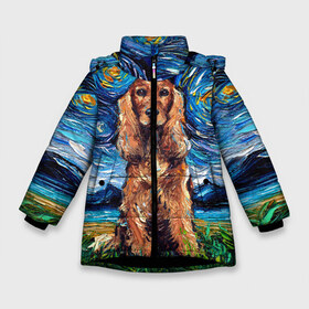 Зимняя куртка для девочек 3D с принтом Кокер-спаниель (Van Gogh style в Кировске, ткань верха — 100% полиэстер; подклад — 100% полиэстер, утеплитель — 100% полиэстер. | длина ниже бедра, удлиненная спинка, воротник стойка и отстегивающийся капюшон. Есть боковые карманы с листочкой на кнопках, утяжки по низу изделия и внутренний карман на молнии. 

Предусмотрены светоотражающий принт на спинке, радужный светоотражающий элемент на пуллере молнии и на резинке для утяжки. | Тематика изображения на принте: gogh | van | vincent | willem | ван | винсент | гог | кокер | пёс | постимпрессионизм | собака | спаниель | художник