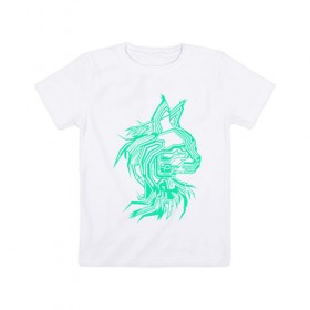 Детская футболка хлопок с принтом Maine Coon в Кировске, 100% хлопок | круглый вырез горловины, полуприлегающий силуэт, длина до линии бедер | cat | chips | cyber cat | cyber light | cyber punk | maine coon | maine coon cat | neon | neon light | xacker cat