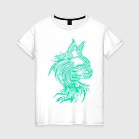 Женская футболка хлопок с принтом Maine Coon в Кировске, 100% хлопок | прямой крой, круглый вырез горловины, длина до линии бедер, слегка спущенное плечо | cat | chips | cyber cat | cyber light | cyber punk | maine coon | maine coon cat | neon | neon light | xacker cat