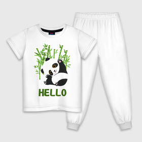 Детская пижама хлопок с принтом Panda Hello в Кировске, 100% хлопок |  брюки и футболка прямого кроя, без карманов, на брюках мягкая резинка на поясе и по низу штанин
 | Тематика изображения на принте: panda hello | животные | панда | панды | привет