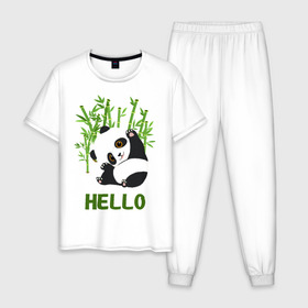 Мужская пижама хлопок с принтом Panda Hello в Кировске, 100% хлопок | брюки и футболка прямого кроя, без карманов, на брюках мягкая резинка на поясе и по низу штанин
 | Тематика изображения на принте: panda hello | животные | панда | панды | привет